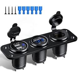 Electop 12V USB Outlet Socket Panel, Waterproof Cigarette Lighter Socket Dual USB Car Charger 2.1A & 2.1A with LED Voltmeter, 12 Volt Power Socket Adapter DIY Kit for Car Boat Marine Motorcycle RV