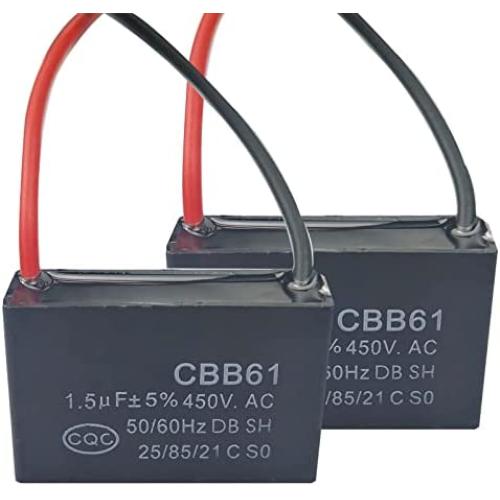 CBB61 Ceiling Fan Capacitor 2 Wire 1.5uf Compatible with 400/350/300/250VAC Fan Capacitor 50/60Hz CBB61-1.5(2 Pack)