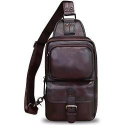 Genuine Leather Sling Bag Crossbody Motorcycle Bag Handmade Hiking Chest Daypack Retro Shoulder Backpack (Coffee)