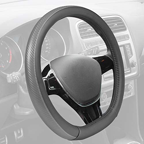 Motor Trend SW-709-BB-M Black Leather with Carbon Fiber Accent Steering Wheel Cover