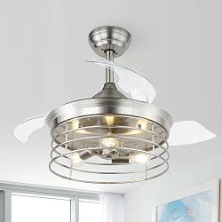 36 Industrial Retractable Ceiling Fan, ceiling fan with retractable blades, remote control, 3 speed, silent motor, Bushed Nickel (Bulb Not Included)