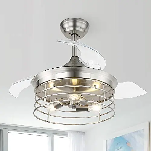 36 Industrial Retractable Ceiling Fan, ceiling fan with retractable blades, remote control, 3 speed, silent motor, Bushed Nickel (Bulb Not Included)