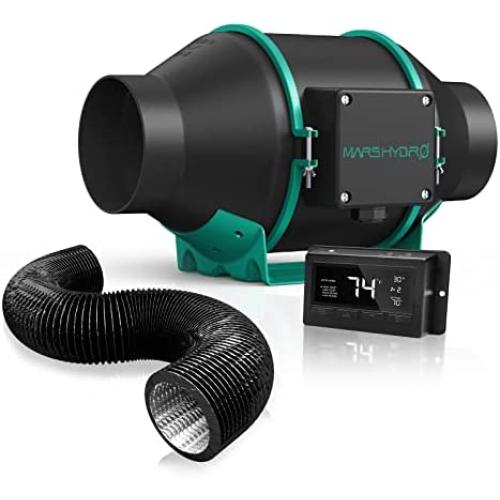 MARS HYDRO 4 Inch Inline Duct Fan 205 CFM - Inline Fan with Temperature Humidity Controller, 4 Inch 25 Feet Aluminum Ducting, Flexible Ducting for Heating Cooling Ventilation and Exhaust Ventilation