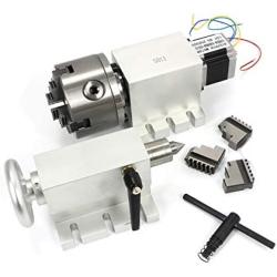 Rotational 4th Axis A axis Rotary table Fourth axis 3 Jaw Chuck Gapless harmonic reducer gearbox stepper motor K11-100mm dividing head with 65mm Tailstock for CNC Router Engraving Milling Machine
