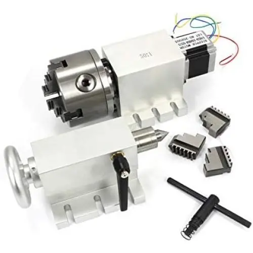 Rotational 4th Axis A axis Rotary table Fourth axis 3 Jaw Chuck Gapless harmonic reducer gearbox stepper motor K11-100mm dividing head with 65mm Tailstock for CNC Router Engraving Milling Machine