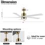 WINGBO 64 Inch DC Ceiling Fan with Lights and Remote Control, 5 Reversible Carved Wood Blades, 6-Speed Noiseless DC Motor, Modern Ceiling Fan in Brass Finish with White Blades, ETL Listed