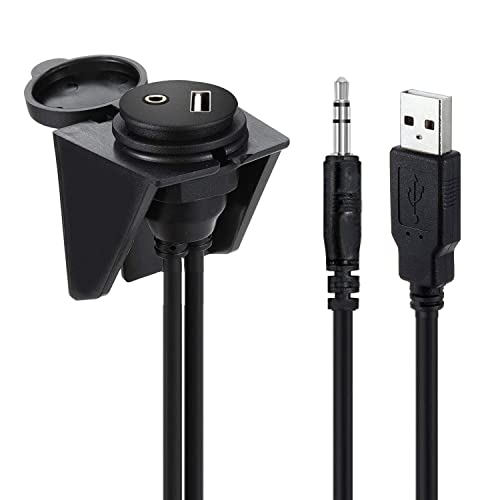 USB Mounting Cable, GOSYSONG USB 2.0 + 3.5mm AUX Car USB Mount Flush Cable, Waterproof Mount Cable 3ft–USB Extension Flush, Dash Panel Mount Cable for Car, Boat,Truck,Motorcycle and More