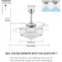 48 Inches Reverse Dimmable Fandelier Crystal Ceiling Fans with Light, Siljoy Modern Invisible Retractable Chandelier Fan LED Ceiling Fan for Bedroom Living Dining Room, Polished Chrome