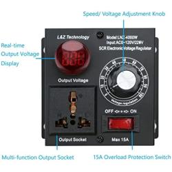 Variable Speed Controller SCR Voltage Controller Fit for Router Fan Electric Motor Rheostat AC 120V 220V/ 15A/ 4000W Max