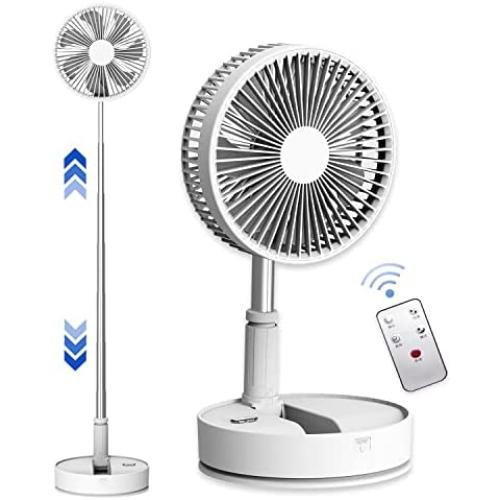 Oscillating Fan Foldaway with Remote Control, 7200mAh Rechargeable Battery Powered Pedestal Fan for Camping, 4 Speed, Timer, Height Adjustment Portable Table Fan for Travel , Outdoor, Home (White)