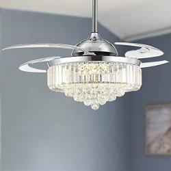 Moooni Modern Dimmable Crystal Fandelier, Retractable Blades Ceiling Fans with Light and Remote, Invisible LED Ceiling Fan Light Kit for Bedroom-Polished Chrome 48 Inches