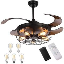 LEDMO Industrial Retractable Ceiling Fans with Lights 5 LED Bulbs 4 Mode Timing with Remote Controller 42inch Vintage Ceiling Fans 2 Down Rods for Kitchen Bedroom Living/Dinning Room
