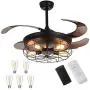 LEDMO Industrial Retractable Ceiling Fans with Lights 5 LED Bulbs 4 Mode Timing with Remote Controller 42inch Vintage Ceiling Fans 2 Down Rods for Kitchen Bedroom Living/Dinning Room