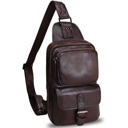 Genuine Leather Sling Bag Crossbody Motorcycle Bag Handmade Hiking Chest Daypack Retro Shoulder Backpack (Coffee)