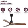 Sofucor 52 Inch Outdoor Ceiling Fan with Lights and Remote, 3 Solid Wood Walnut Blades, Noiseless Reversible Motor, Matte Black