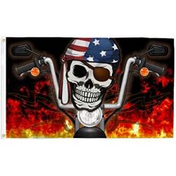 Pirate Biker USA 3x5 Ft Skull Motorcycle Flag - Bold Vibrant Colors, UV Resistant, Golden Brass Grommets, Durable 100 Denier Polyester, Mighty-Locked Stitching - Perfect for Indoor or Outdoor Flying!