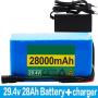 Jieoto 24V 28AH E-Bike Battery 29.4V 28000mAH 7S6P Waterproof Li-ion Battery with Charger Fit for Electric Boat Power Tools Airplane Models Scooter 500W 350W 250W 200W 100W Motor