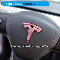 YHCDSEA Model Y Steering Wheel/Front Trunk/Rear Trunk Logo Sticker Cover Emblem Badge Decals 3PCS/Set for Tesla Model Y Accessories (Red Carbon Fiber Pattern)