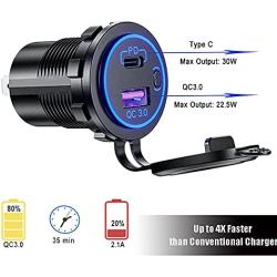 GemCoo USB C 12V USB Port, PD 30W USB C Car Chargerand QC 3.0 12V USB Charger 12V/24V Car Power Outlet Socket with ON/Off Switch Waterproof Power Delivery for Motorcycle Marine Boat RV ATV