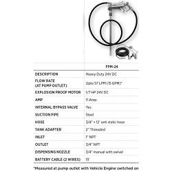 GROZ 24-Volt DC Heavy Duty Fuel Transfer Pump for Gasoline, Diesel, & Oil, 15 GPM, Explosion Proof UL/cUL Listed Motor, Includes Manual Nozzle, ¾” NPT x 12’ Hose and 15 battery cables (44041)