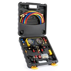ORION MOTOR TECH R410a Gauges, AC Manifold Gauge Set for R410a Refrigerant, 3 Way AC Gauges R410a Manifold Set with R410a R22 Safety Valves, 3 Hoses, R410a Adapters, Universal Can Tap, AC Recharge Kit