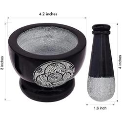 Divit Shilp Mortar and Pestle, Made of Heavy Duty Polished Hard Stone, Natural Stone Grinder for Spices, Pastes, Herbs, Seasoning etc. (Black with Engraving)