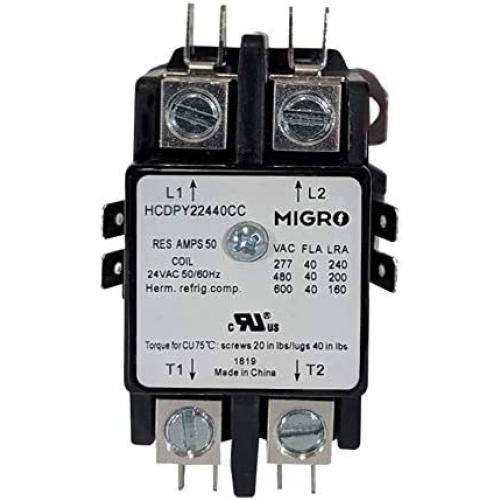 Migro 40 Amp 2 Pole NEMA 600V HVAC Heavy Duty Definite Purpose Contactor – 24V Coil, Motor Load 40A and Lighting Load 50A