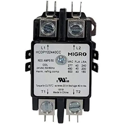 Migro 40 Amp 2 Pole NEMA 600V HVAC Heavy Duty Definite Purpose Contactor – 24V Coil, Motor Load 40A and Lighting Load 50A