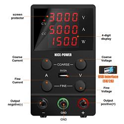 NICE-POWER Adjustable DC Power Supply: 30V 5A Variable Switching Regulated High Precision 4-Digits LED Display 5V/2A USB Port Test Lead Output & Input Power Cord Bench Lab Power Supplies