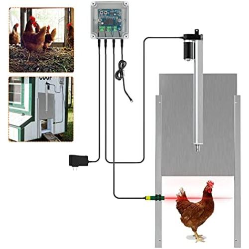 YUEWO Automatic Large Chicken Coop Door Opener Kit with Bonus Remote Control and Infrared Sensor, Rainproof Outdoor Timer Controller Actuator Motor, 12V DC Power Supply (Light Sensitive Version)