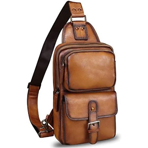 Genuine Leather Sling Bag Crossbody Motorcycle Bag Handmade Hiking Chest Daypack Retro Shoulder Backpack (Brown)