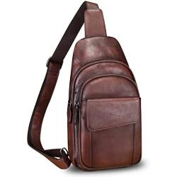 Genuine Leather Sling Bag Crossbody Motorcycle Bag Handmade Chest Bag Hiking Daypack Retro Shoulder Backpack (Coffee)