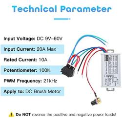 PWM DC Motor Speed Controller, DC 9V-60V & 20A Max Brush Motor Stepless Speed Controller with Forward-Brake-Reverse Switch & Ajustable Potentiometer