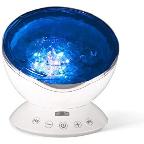 Ocean Wave Night Light and Projector w/t Built in Sound Machine, Led Night Light and Music Player, Remote Night Light Projector, Sound Machine for Baby Sleeping, White - BabyLuv