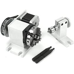 RATTMMOTOR Reducing Ratio 4:1 CNC 4th-axis A-axis Rotation-axis, 4 Jaw K12-65mm Chuck Tip Indexing Head with Nema17 2-Phase 4-Wire Stepper Motor + 54mm Tailstock for CNC Router Engraving Machine