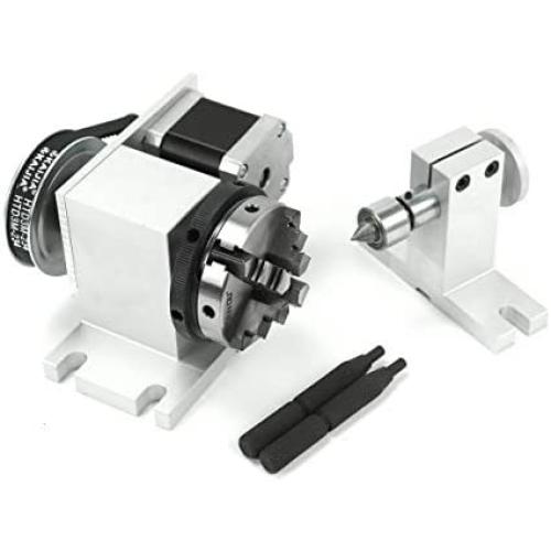 RATTMMOTOR Reducing Ratio 4:1 CNC 4th-axis A-axis Rotation-axis, 4 Jaw K12-65mm Chuck Tip Indexing Head with Nema17 2-Phase 4-Wire Stepper Motor + 54mm Tailstock for CNC Router Engraving Machine