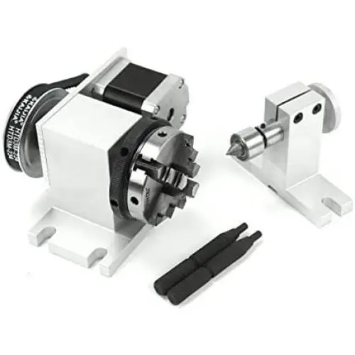 RATTMMOTOR Reducing Ratio 4:1 CNC 4th-axis A-axis Rotation-axis, 4 Jaw K12-65mm Chuck Tip Indexing Head with Nema17 2-Phase 4-Wire Stepper Motor + 54mm Tailstock for CNC Router Engraving Machine