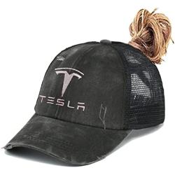 ARKOSKNIGHT Embroidered Tesia Hats Cross Ponytail Hat Washed Distressed Mesh Womens Baseball Cap Dad Hat Ponytail Hat for Women(Ponytail Black)