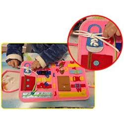 KOCNYDEY Busy Board Montessori Toys Toddlers Preschool Sensory Board Toys to Learn Fine Motor Skills Educational Toys for 1 2 3 4 Year Old Boys & Girls Travel Activities with Buckles(Pink)