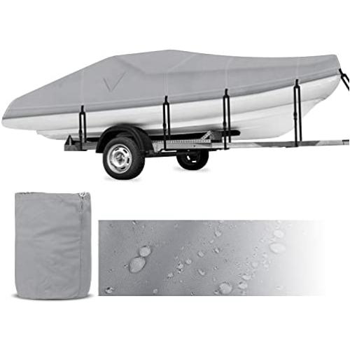 Rockvale Boat Cover, Heavy Duty 600D Trailerable Waterproof Boat Canvas, Universal Marine Grade Outboard Boat Shade for Bass Boat, Tri-Hull, V-Hull, Ski, Fishing Runabout Boat (17-19ft, Gray)