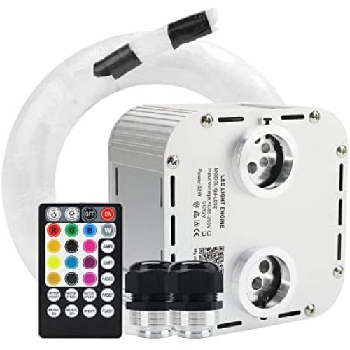 AMKI 32W Double Heads Bluetooth Controlled LED Fiber Optic Light Star Ceiling Kit,LED RGBW Twinkle Engine Driver with RF 28 Key Remote Control + Crystal + Cables (2200PCS*0.03in*16.4ft)