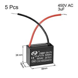 uxcell Ceiling Fan Capacitor CBB61 3uF 450V AC 2 Wires Metalized Polypropylene Film Capacitors 38x19x28mm for Water Pump Motor Generator, Pack of 5