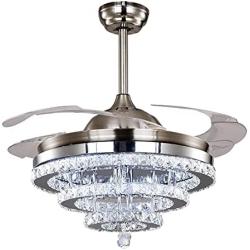 Crystal Ceiling fan with lights, Retractable Blades Fan Chandelier with Remote Control Fandelier with 3 Color Changing Chandelier for livingroom bedroom(Silver)