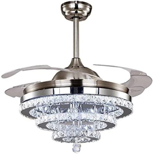 Crystal Ceiling fan with lights, Retractable Blades Fan Chandelier with Remote Control Fandelier with 3 Color Changing Chandelier for livingroom bedroom(Silver)