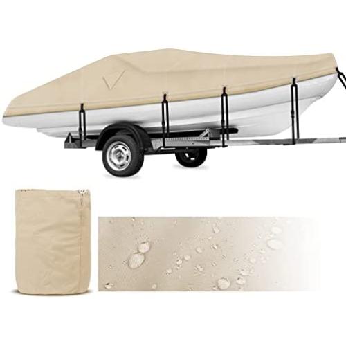 Rockvale Boat Cover, Heavy Duty 600D Trailerable Waterproof Boat Canvas, Universal Marine Grade Outboard Boat Shade for Bass Boat, Tri-Hull, V-Hull, Ski, Fishing Runabout Boat (16-18.5ft, Beige)