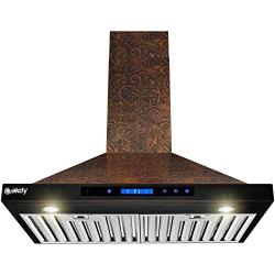 AKDY Wall Mount Range Hood - Embossed Copper Hood Fan for Kitchen - 4-Speed Professional Quiet Motor - Premium Touch Control Panel - Elegant Vine Design - Dishwasher Safe Baffle Filters (30 in.)