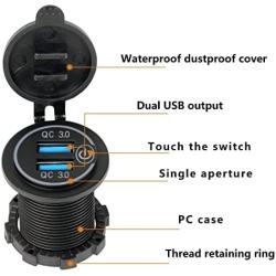 XMSJSIY Quick Charge 3.0 Dual USB Car Charger Socket, Touch Switch Waterproof Power Outlet Fast Charge Adapter with LED Voltmeter & 10A Wire Fuse for 12V/24V Car Boat Marine Truck Golf RV Motorcycle