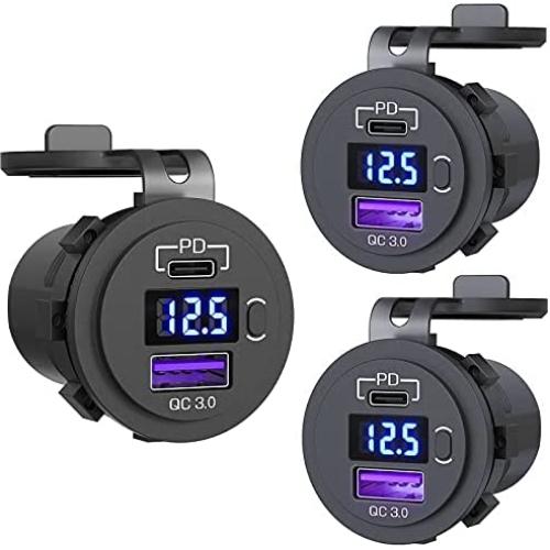 [ 2 +1 Pack] USB C Car Charger Socket, Qidoe 48W Dual PD USB-C & QC 3.0 USB Outlet with LED Voltmeter and ON/Off Switch Fast Car Charger Adapter for 12V/24V Car, Boat, RV, Truck, Golf, Motorcycle