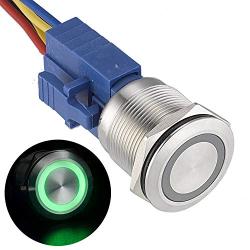 APIELE 22mm Latching Push Button Switch 12V Angel Eye LED Waterproof Stainless Steel Round Metal Self-Locking Latching 7/8 1NO 1NC 1 Pack (Green) r