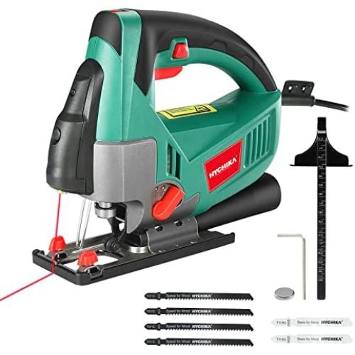 HYCHIKA Jig Saw, 6 Amps 750W Orbital Jigsaw 800-3000SPM with 6 Pcs Cutting Blades,6 Various Speed and 4 Orbital Set, ±45° Bevel,Laser Guide